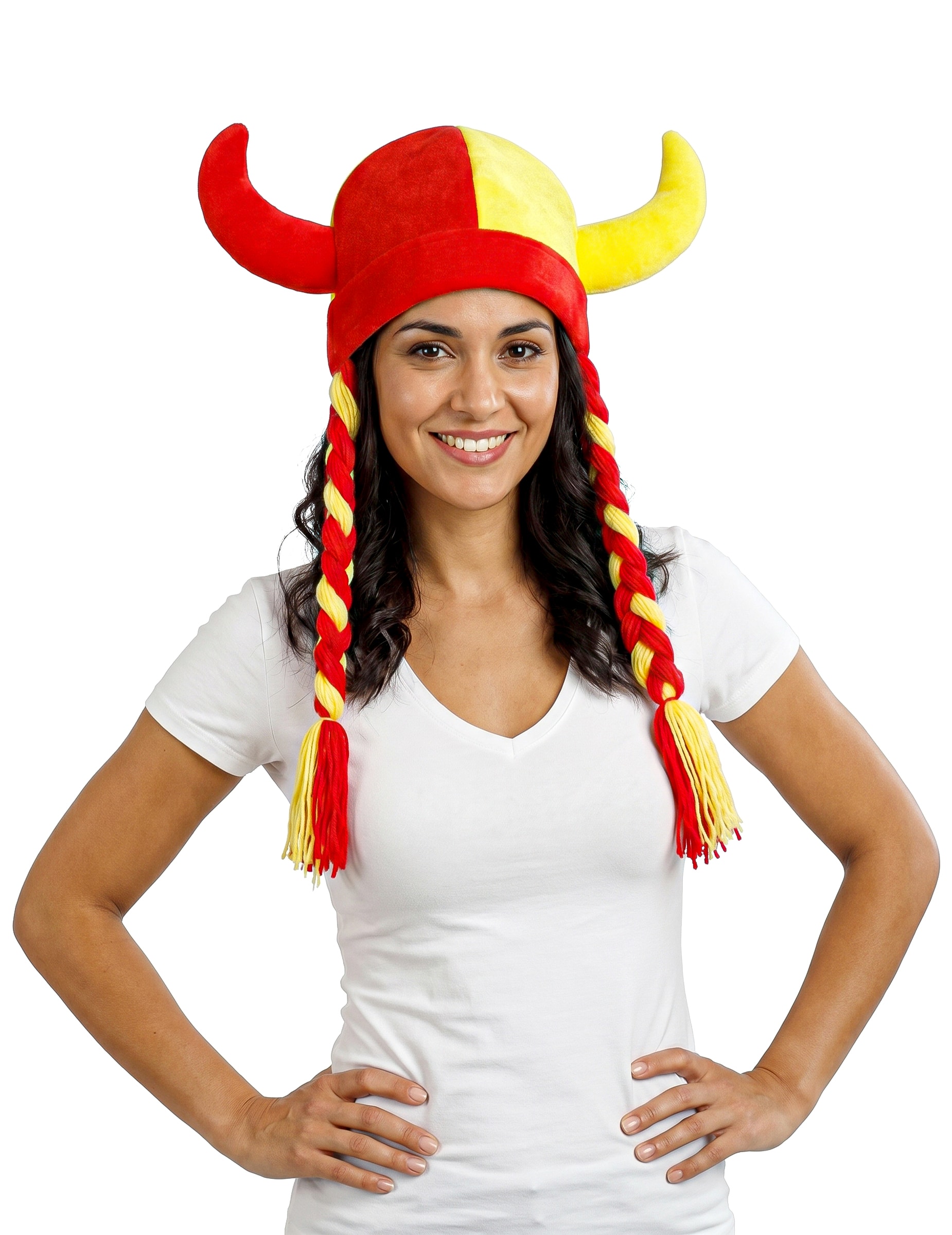 Spanien Fan-Helm aus Stoff mit Hörnern und Zöpfen Rot Gelb