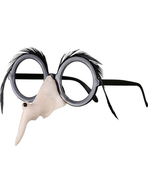 Spaßbrille Hexe mit Hexennase und Federn schwarz