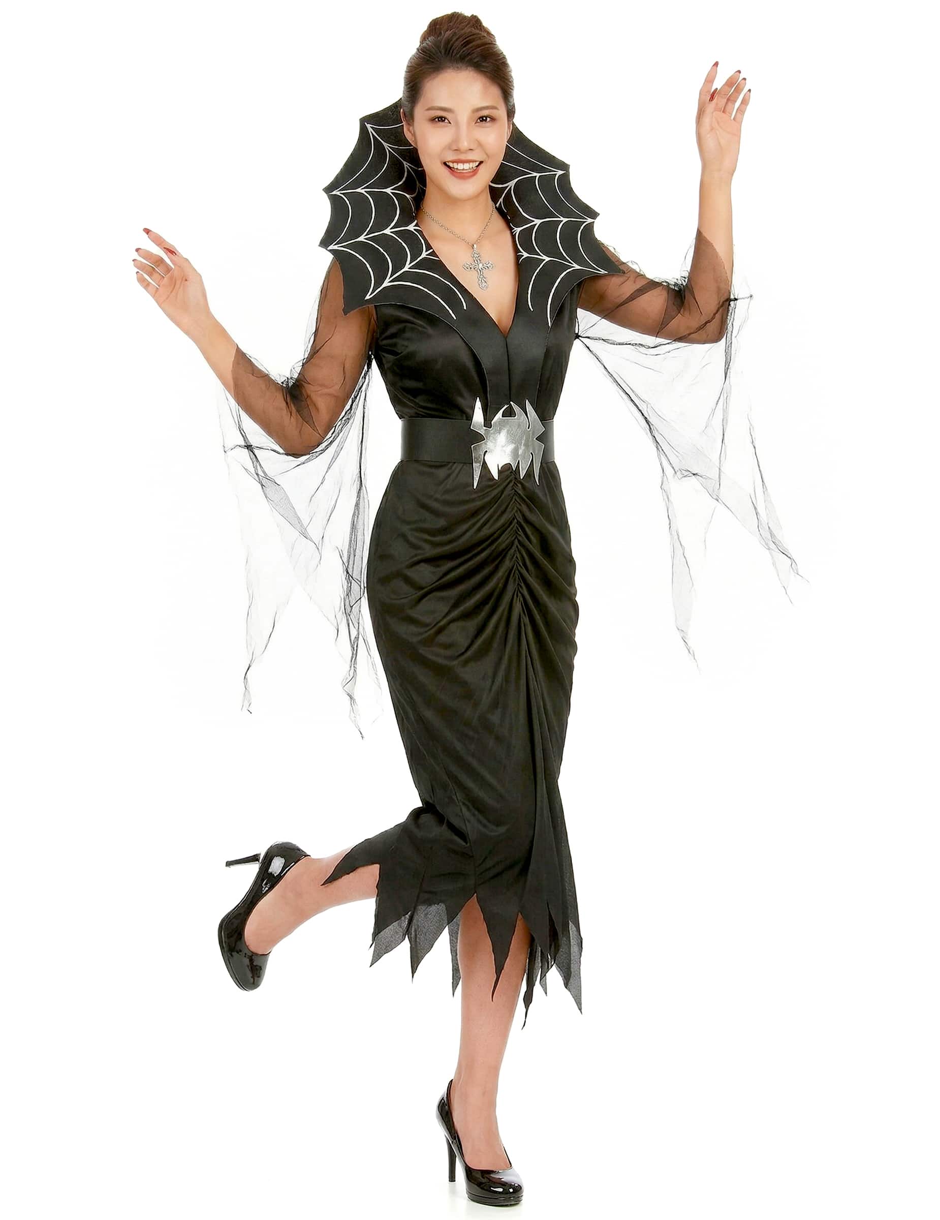 Spinnenfrau Halloween Damenkostüm schwarz-silber