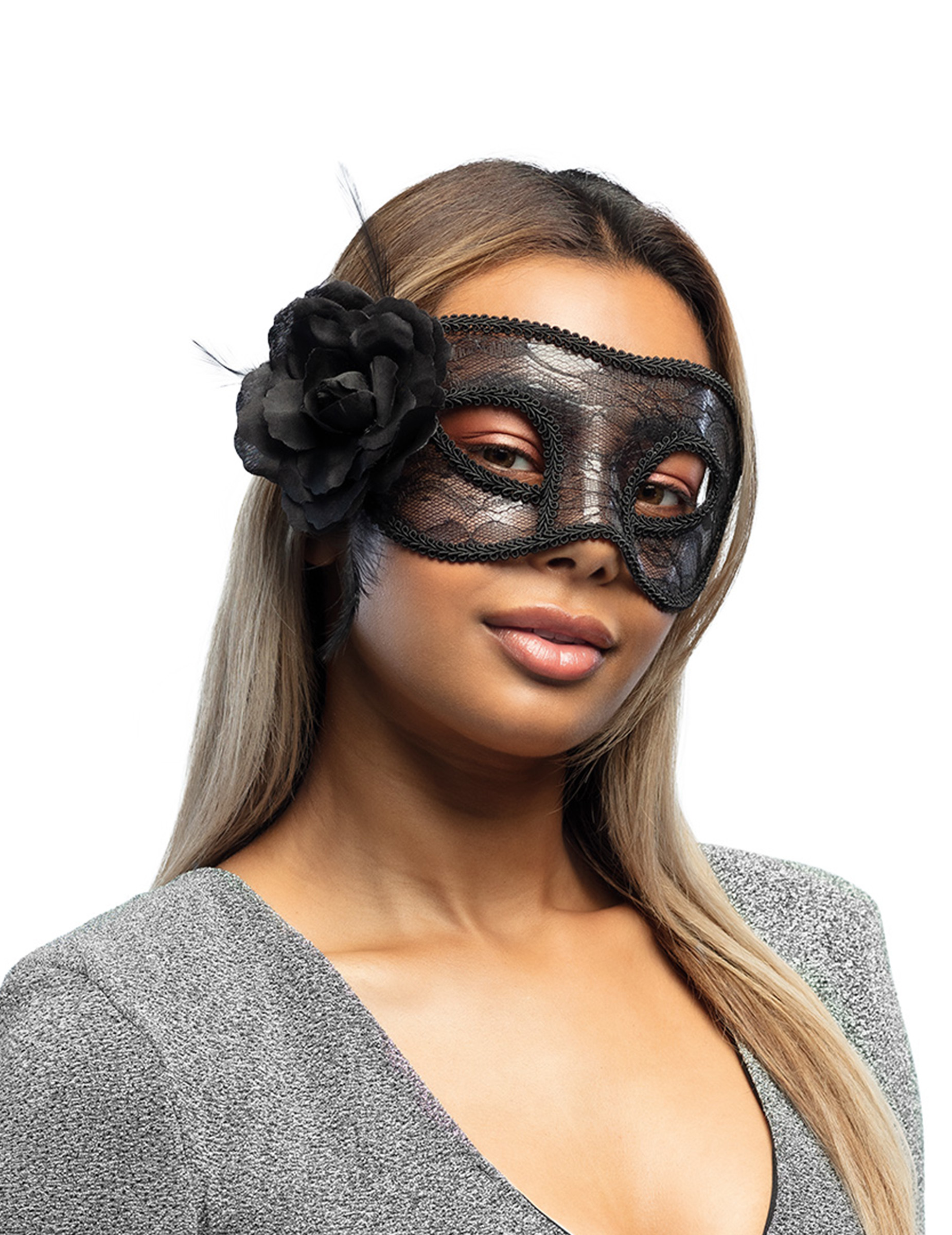 Spitzen-Maske mit Rose schwarz 22cm