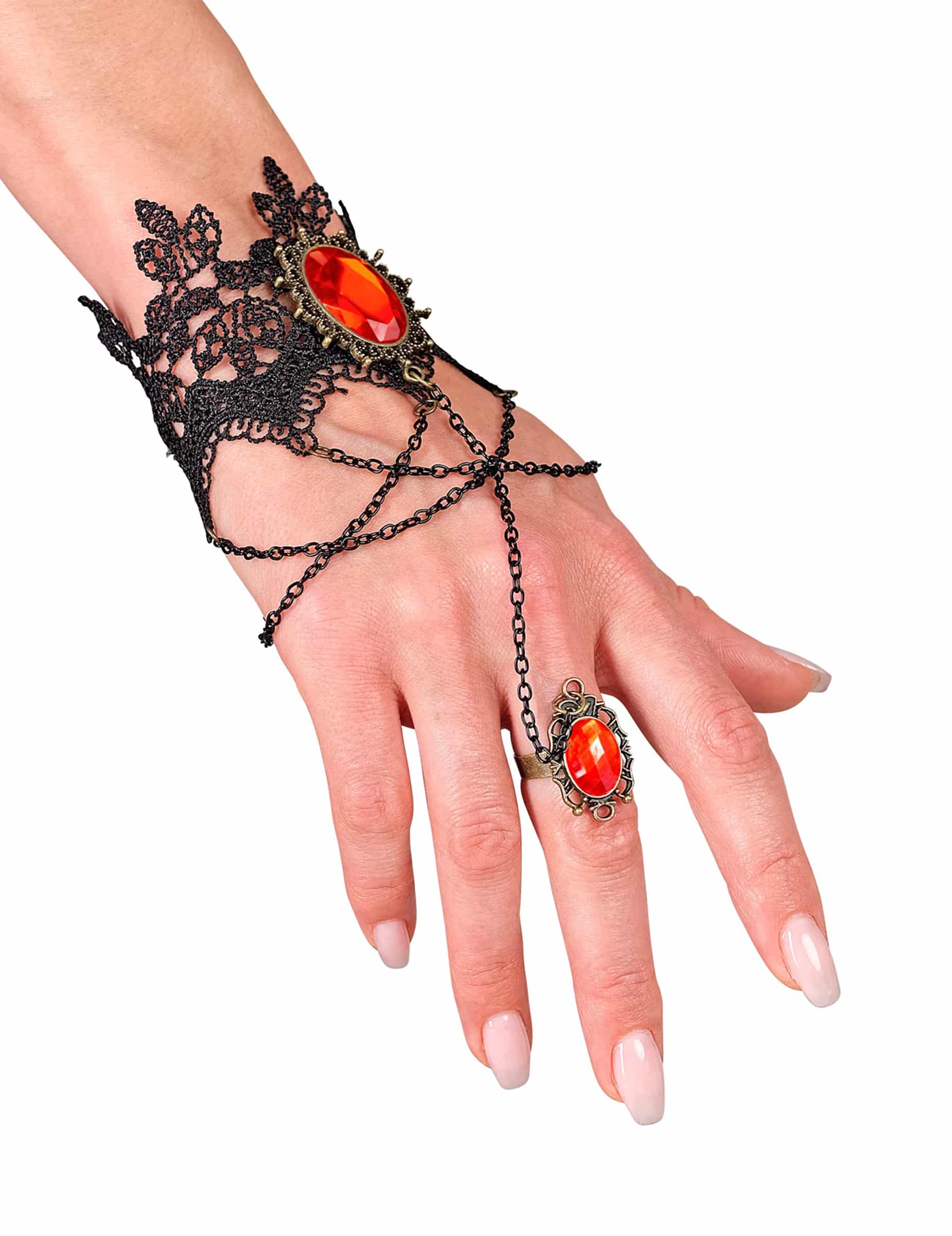 Spitzenarmband Accessoire mit Ring und roten Steinen