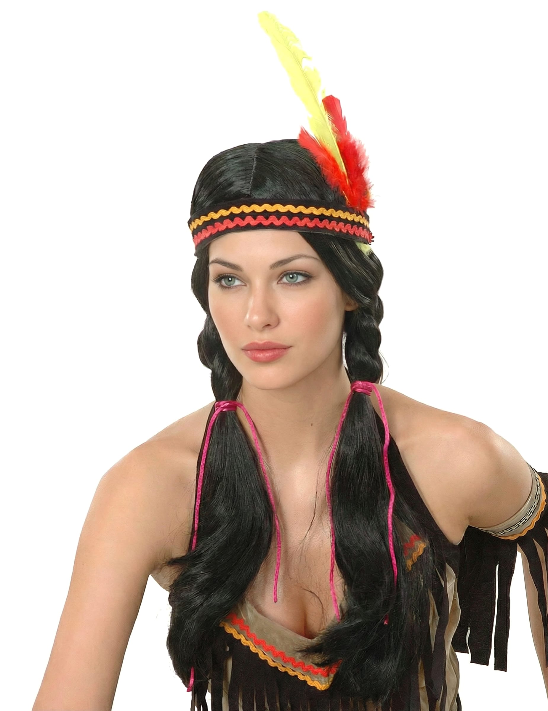 Squaw-Perücke Indianer-Damenperücke mit Federkopfband schwarz
