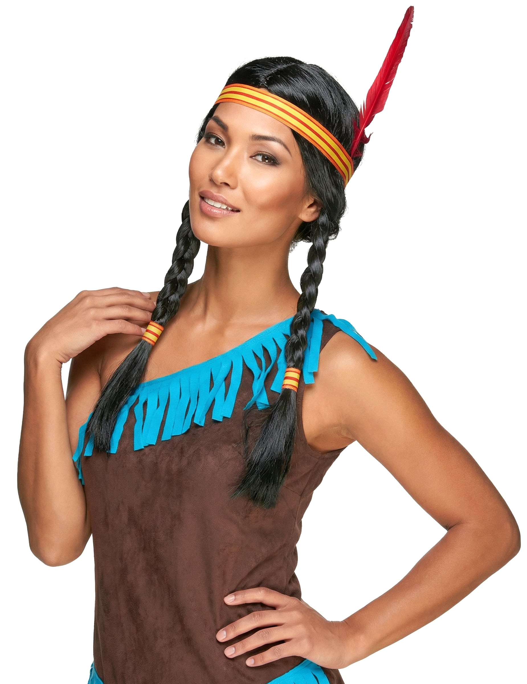 Squaw Perücke Indianer Damenperücke mit Kopfband schwarz