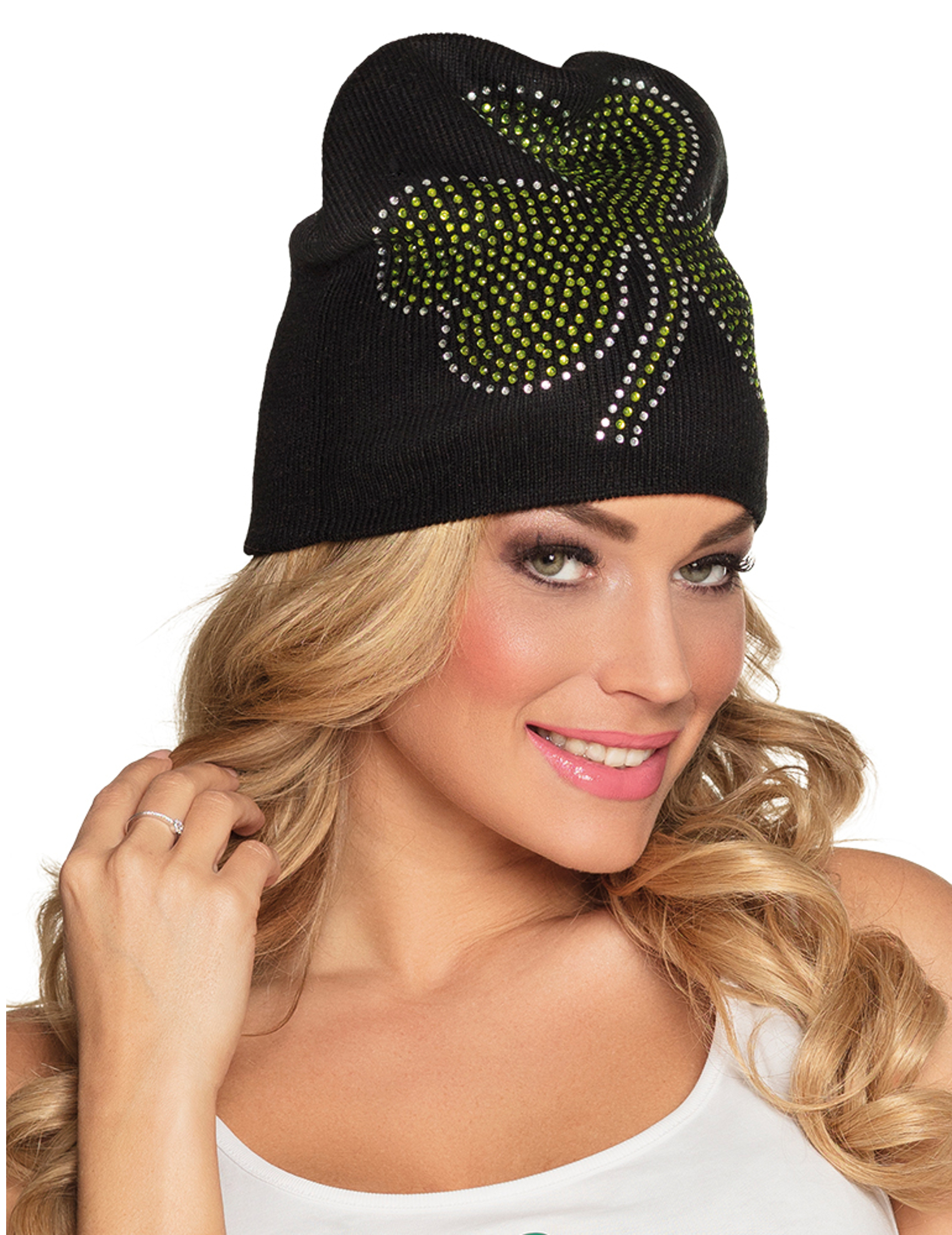 St. Patricks Day Mütze mit Glitzersteinen schwarz-grün