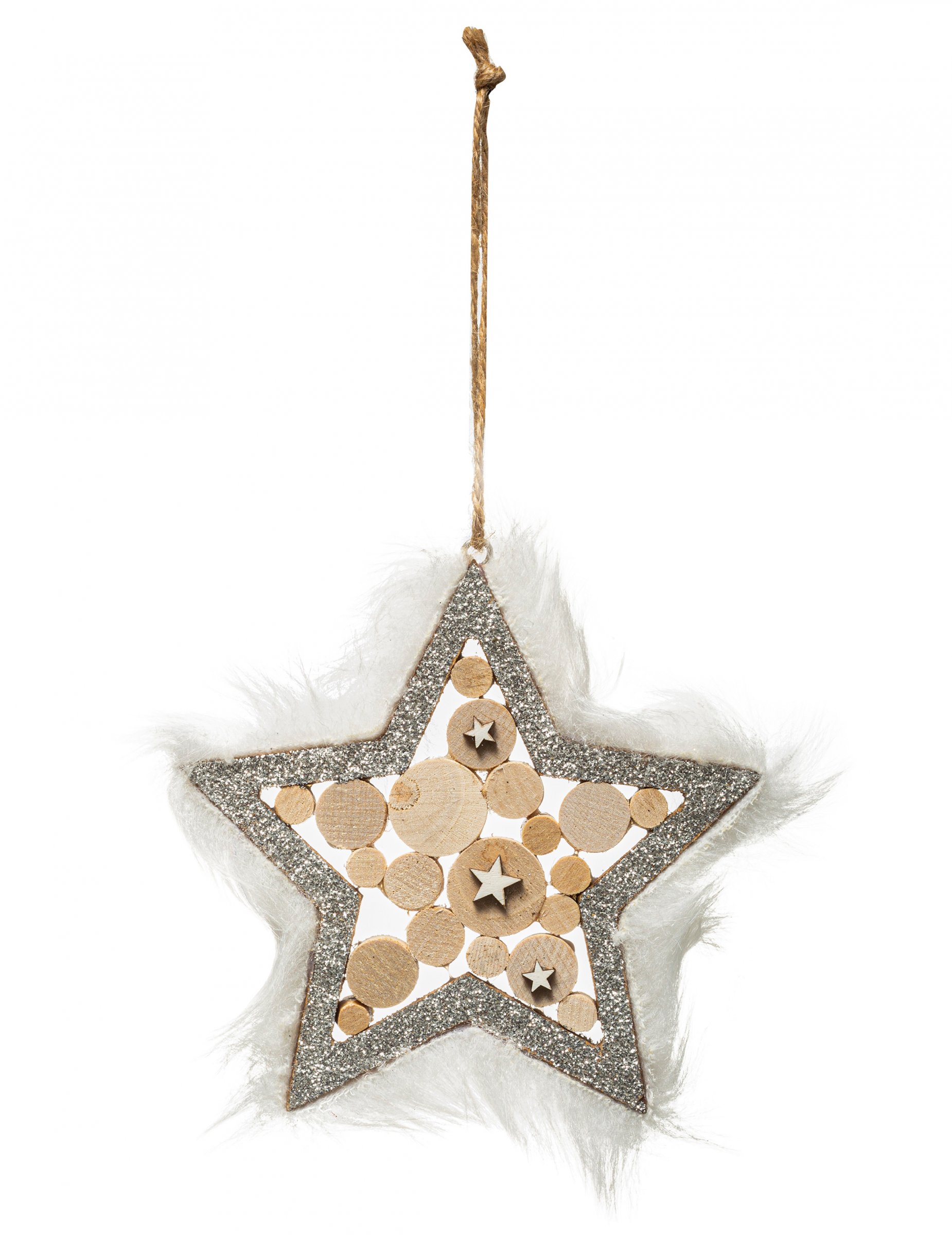 Stern-Hängedeko mit Fell Christbaumschmuck silberfarben-braun-weiß 12 cm