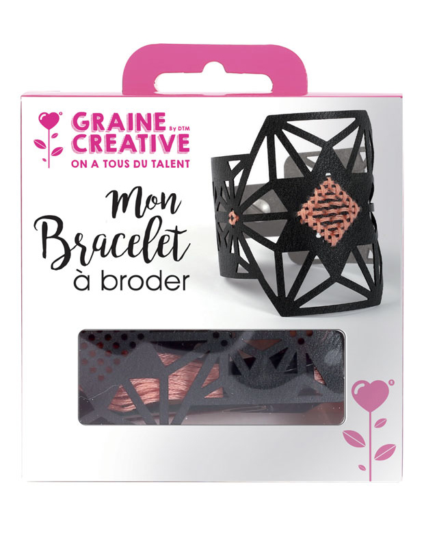 Stick-Armband Set Stern-Motiv Kunstleder schwarz und rosa Garn