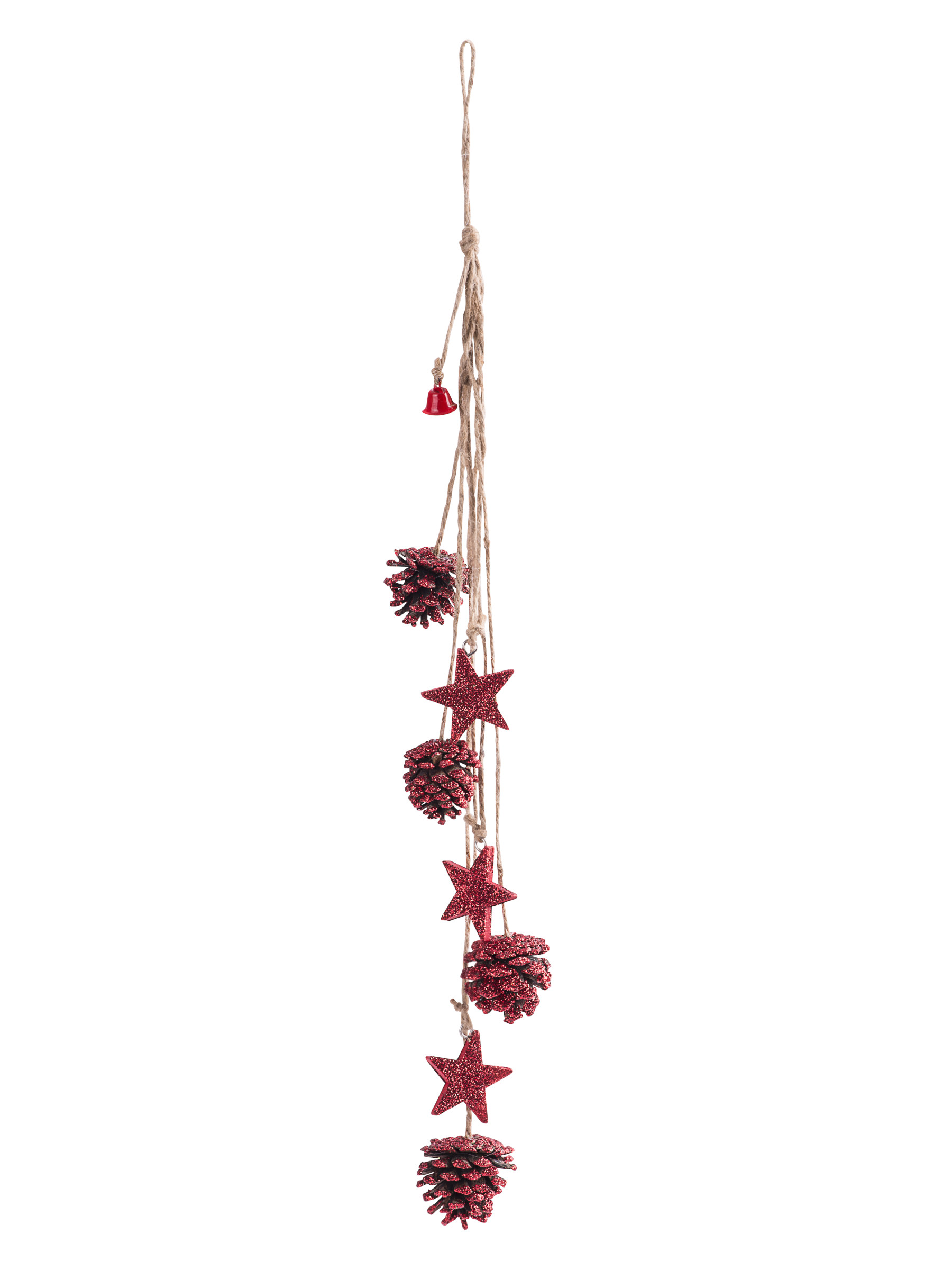 Tannenzapfen-Hänger mit rotem Glitzer und Sternen - 50 cm
