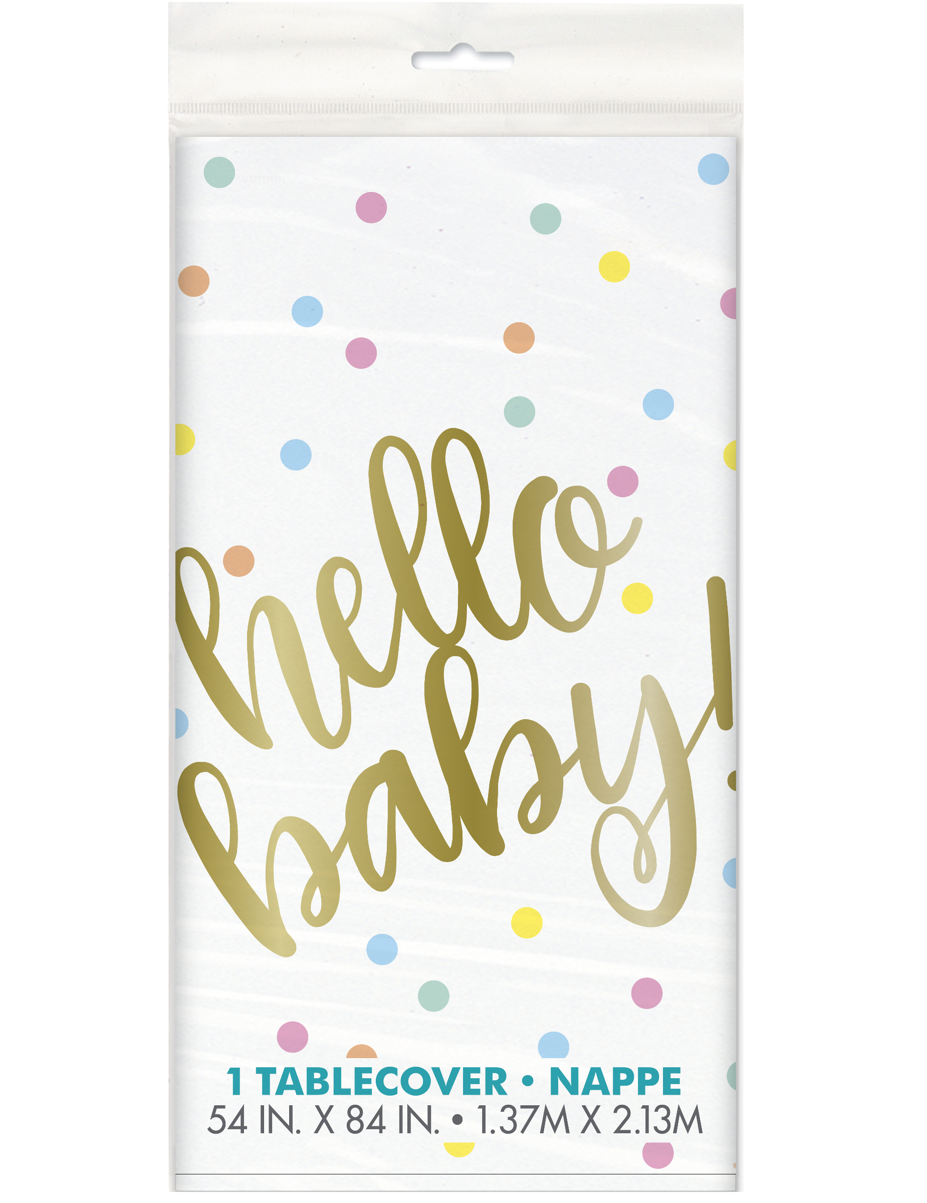 Tischdecke Hello Baby weiß und gold 137 x 213 cm gepunktet