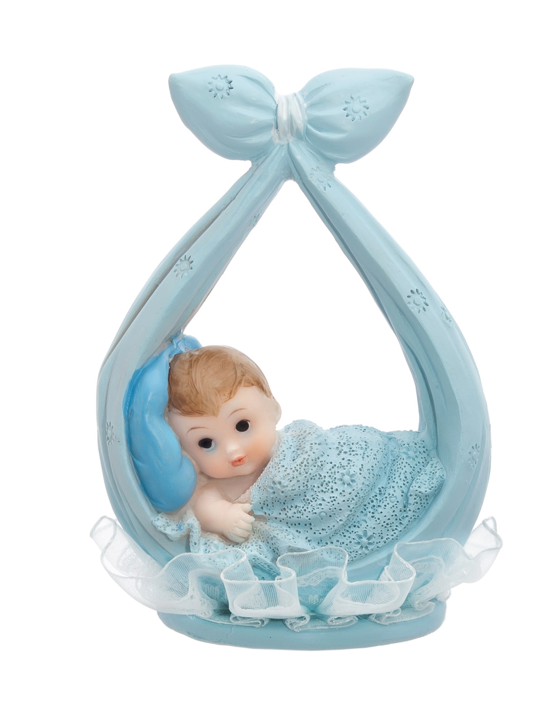 Tischdeko Figur kleiner Junge in blauer Schleife 11 cm Taufe