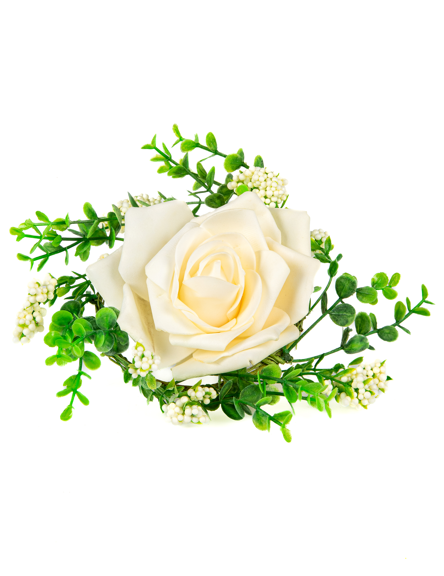 Tischgesteck Rose Elfenbein mit Blattwerk 18 cm