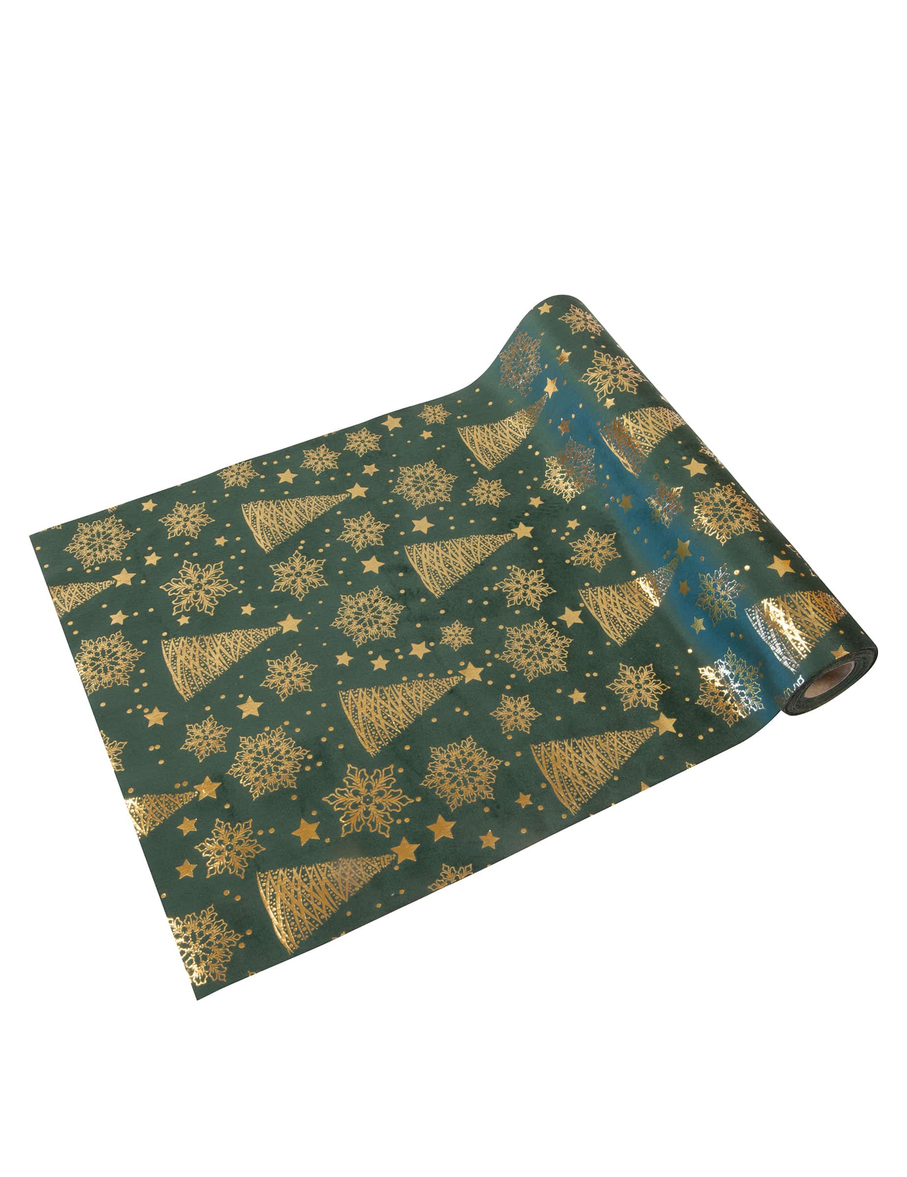 Tischläufer Samt grün Tannenbaum-Print gold 3m