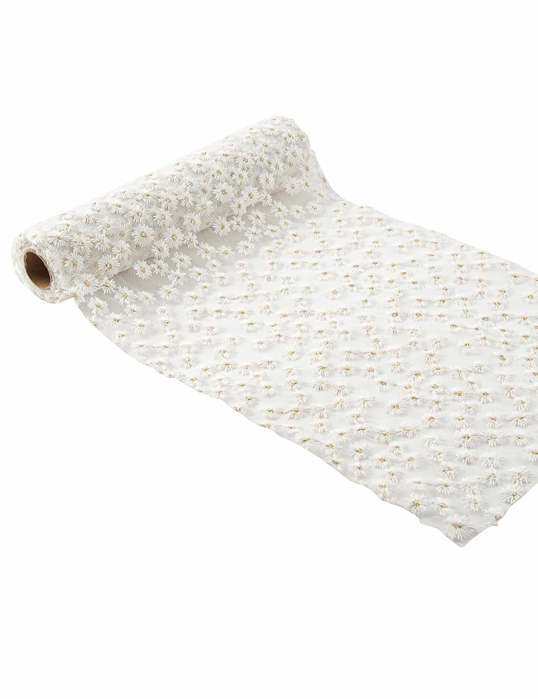 Tischläufer Schleier bestickt weiß und gold 24cm x 3m Blumenmuster