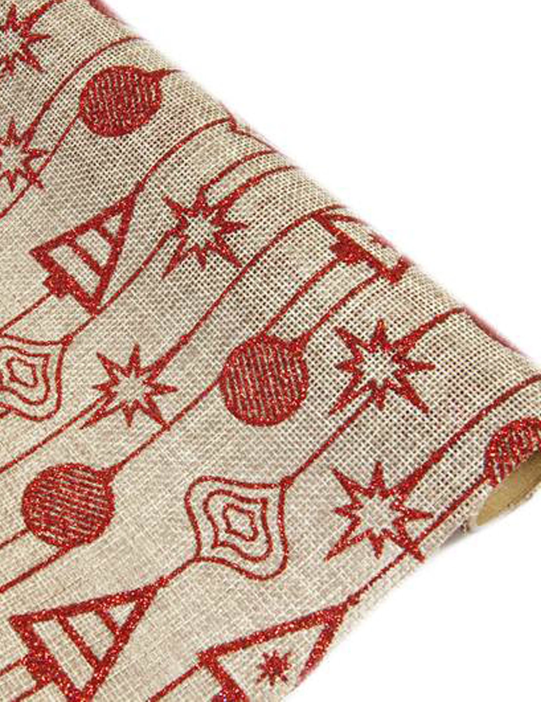 Tischläufer aus Stoff mit roten Kugeln + Tannenbäumen 4 m x 28 cm für Weihnachten