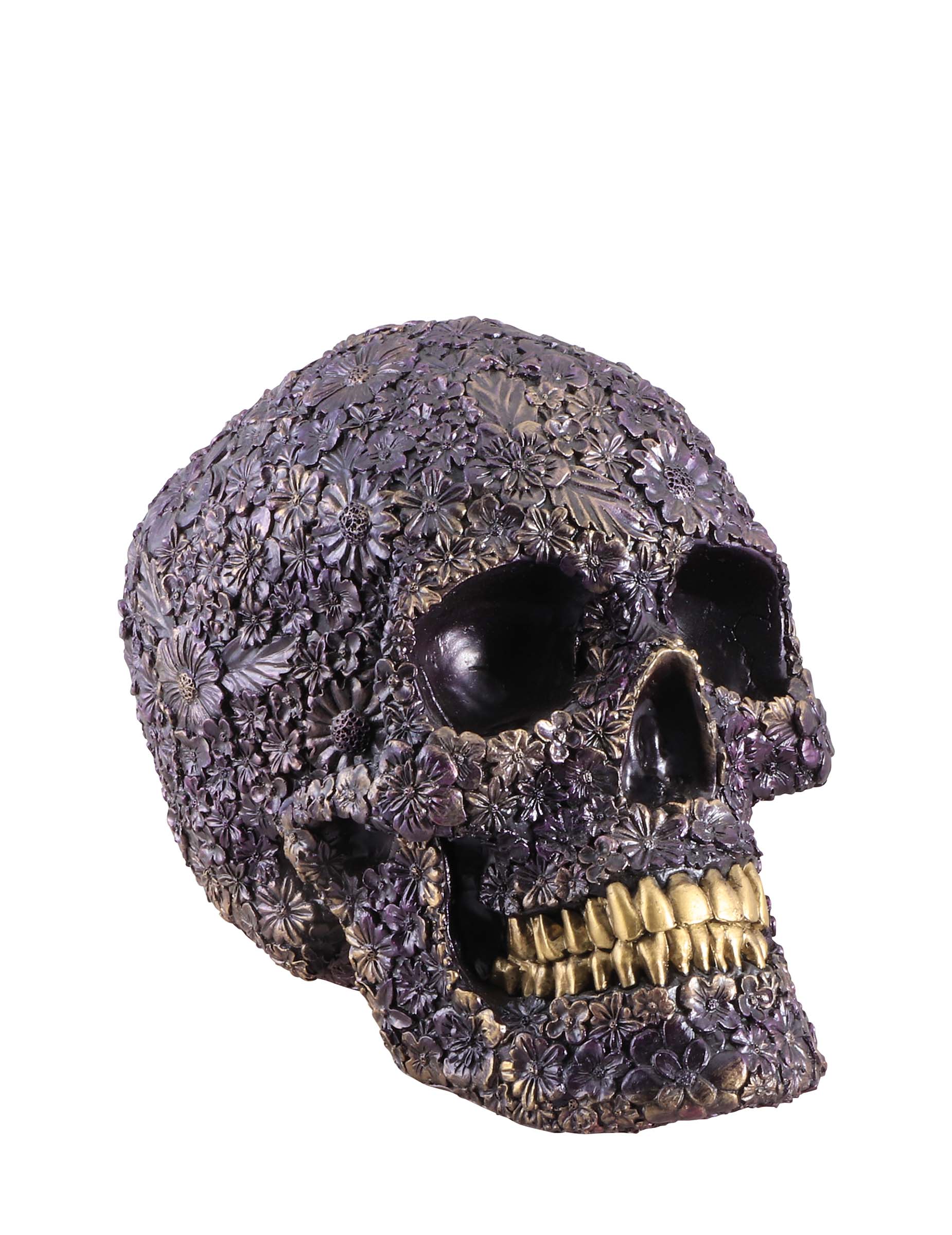 Totenkopf aus Kunstharz Blumenmotiv Lila 22 cm Halloween