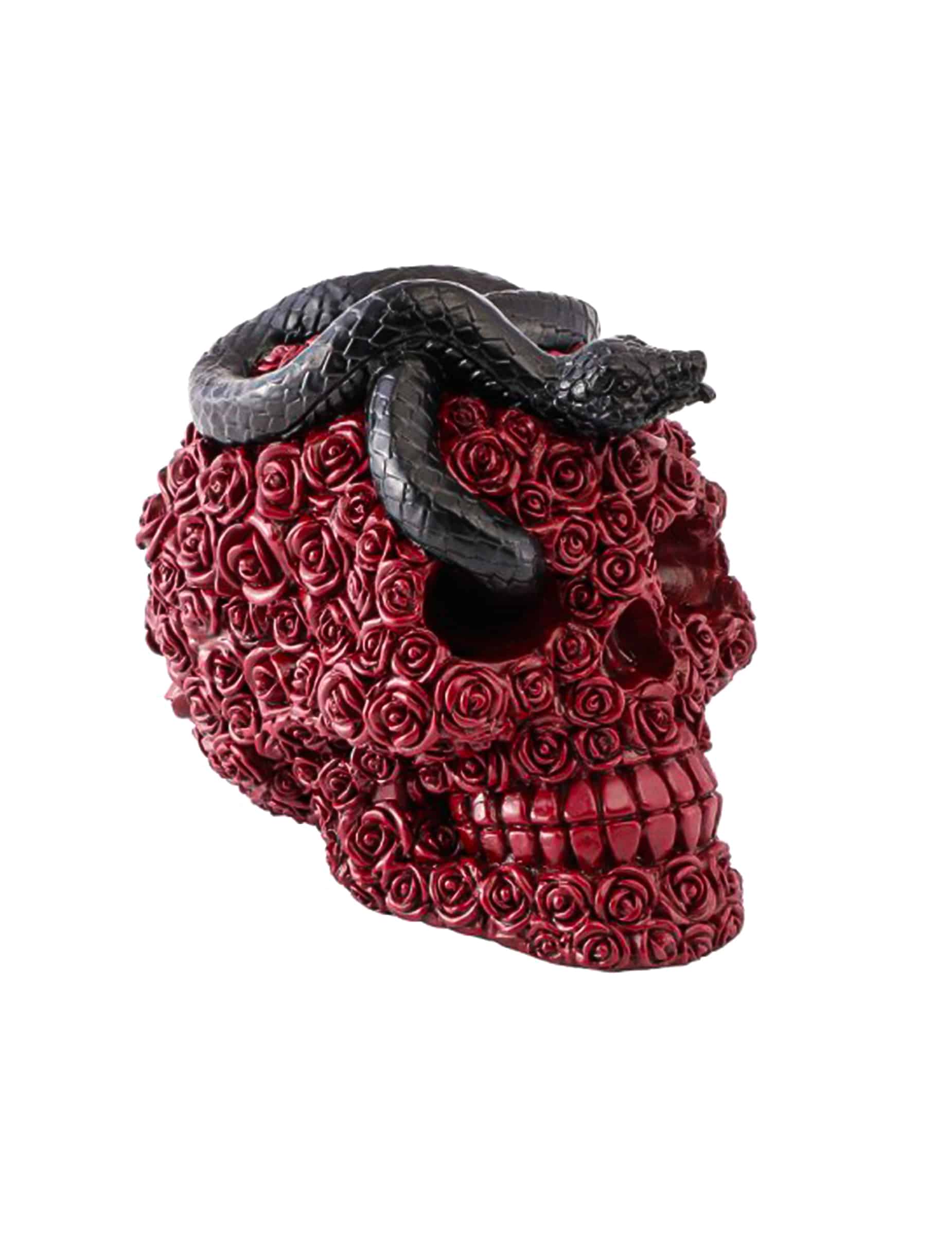Totenkopf aus Kunstharz mit roten Rosen und schwarzer Schlange 10