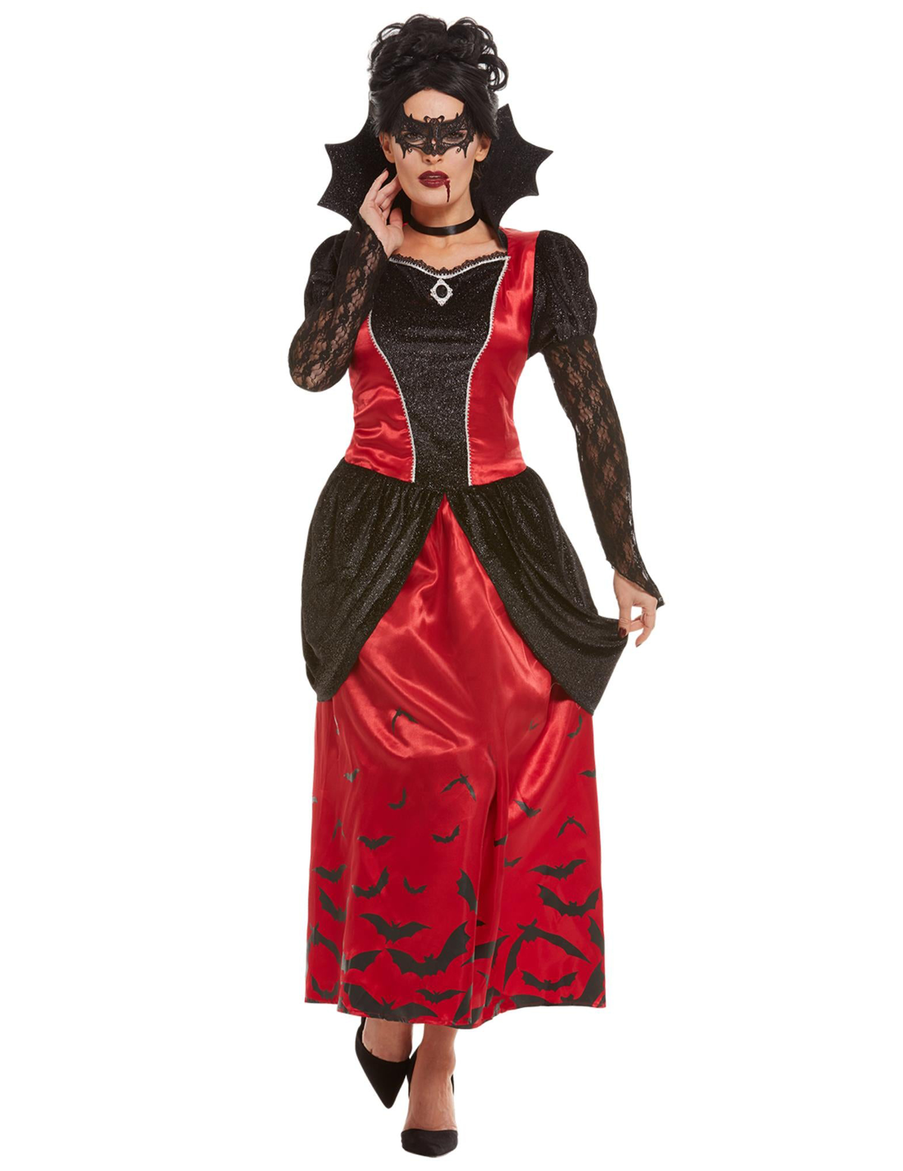 Vampir-Kostüm für Damen mit Maske Halloween-Kostüm schwarz-rot