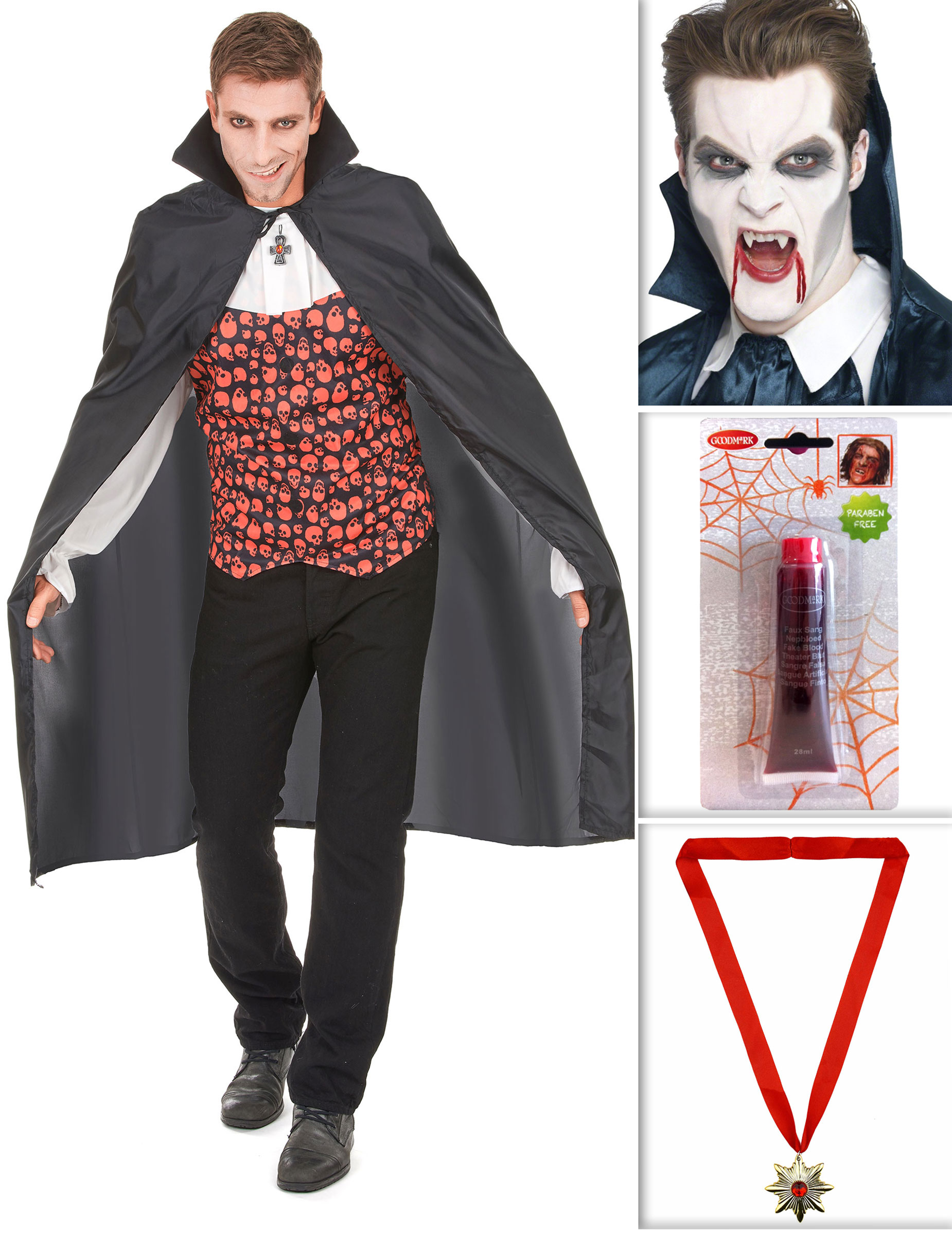 Vampirkostüm-Set für Herren Halloweenkostüm-Set 5-teilig schwarz-rot-weiss