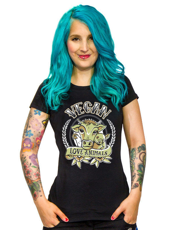 Veganer-Damenshirt Girlie-Shirt Love Animals schwarz-grün