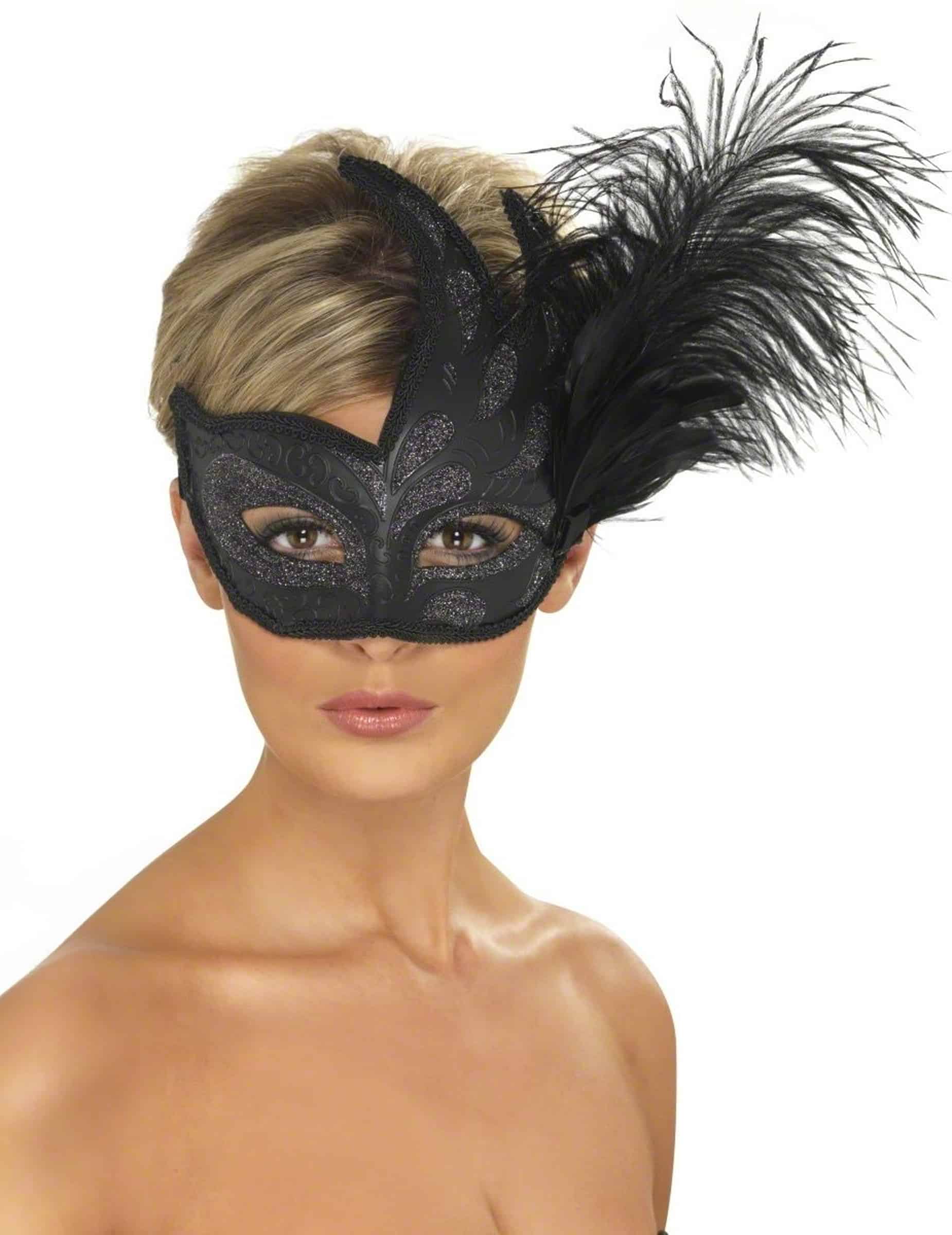 Venezianische Augenmaske Glitzer Federn schwarz