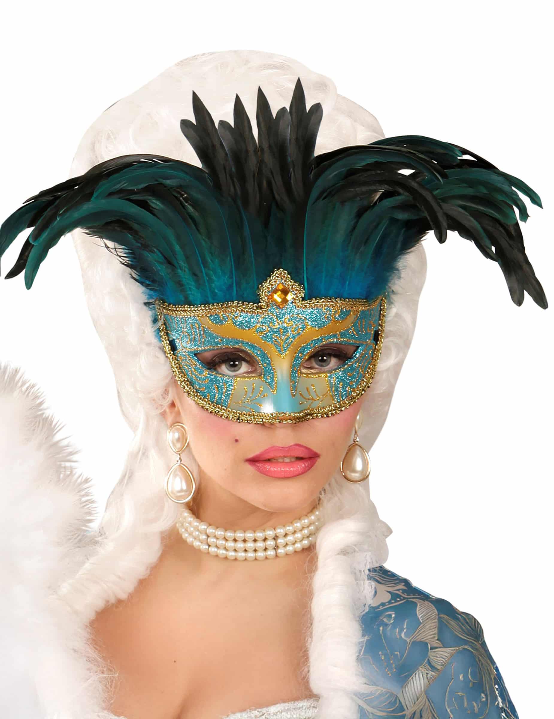 Venezianische Augenmaske mit blauen Federn für Erwachsene