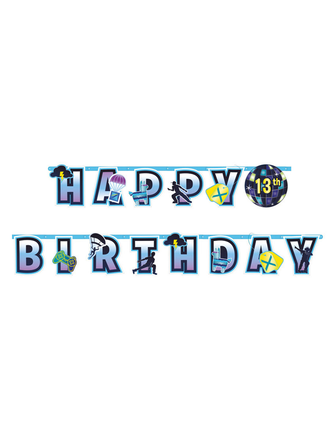 Videospiel-Geburtstag-Girlande blau-lila-gelb personalisierbar 26 x 320 cm