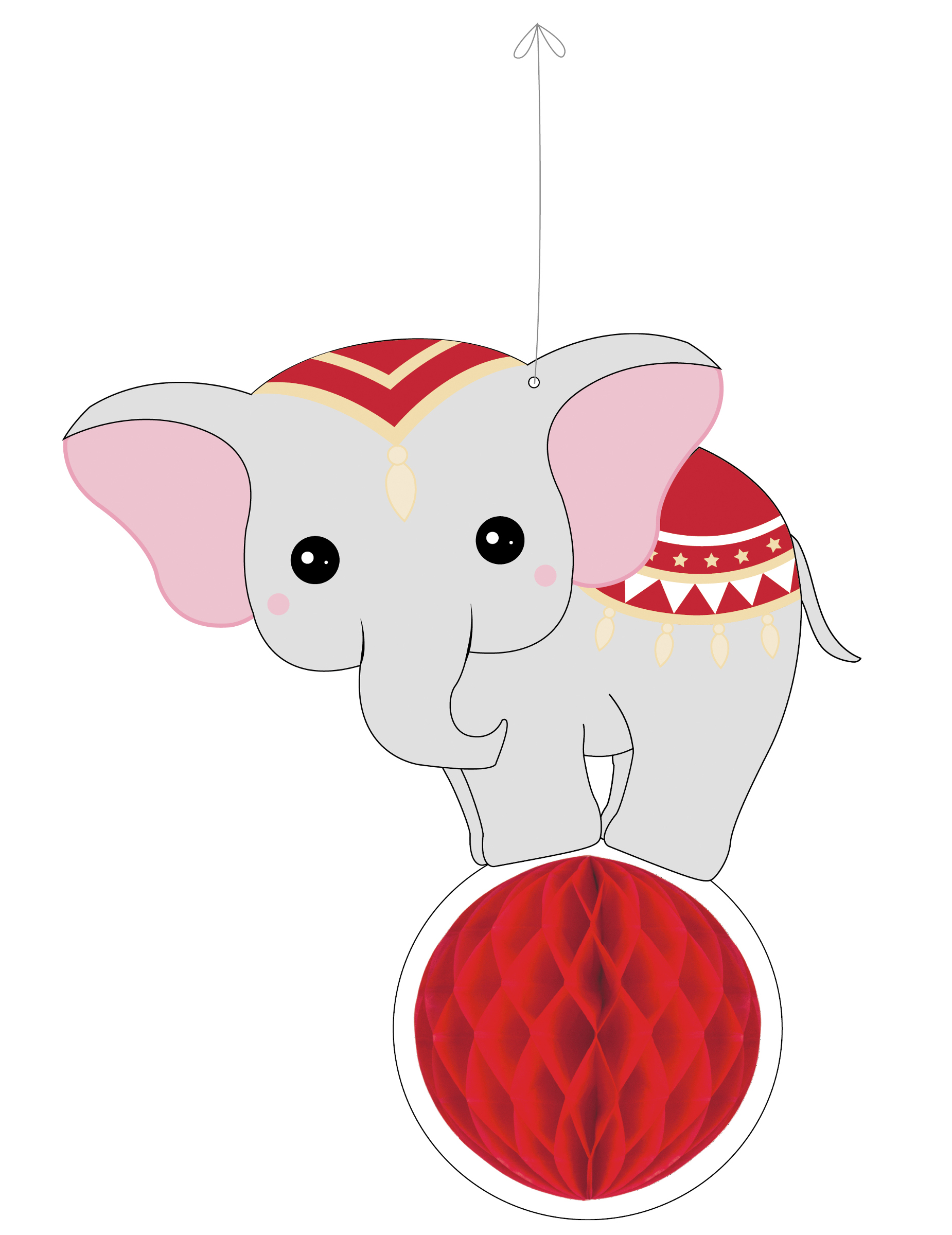 Vintage Circus Elefant Wabenpapier Hängedekoration rot 25 cm