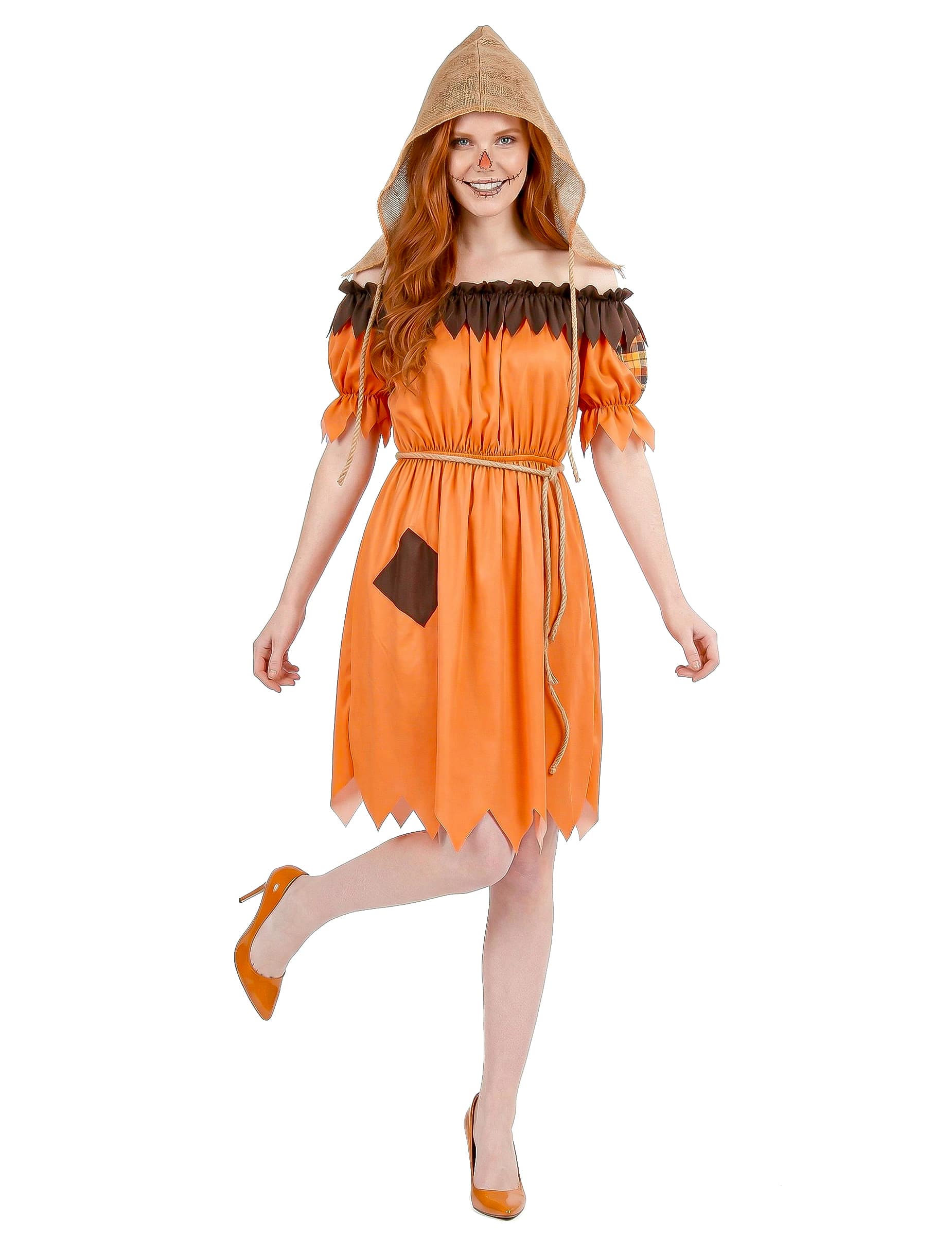 Vogelscheuchen-Kostüm für Damen Halloweenkostüm 3-teilig orange-schwarz