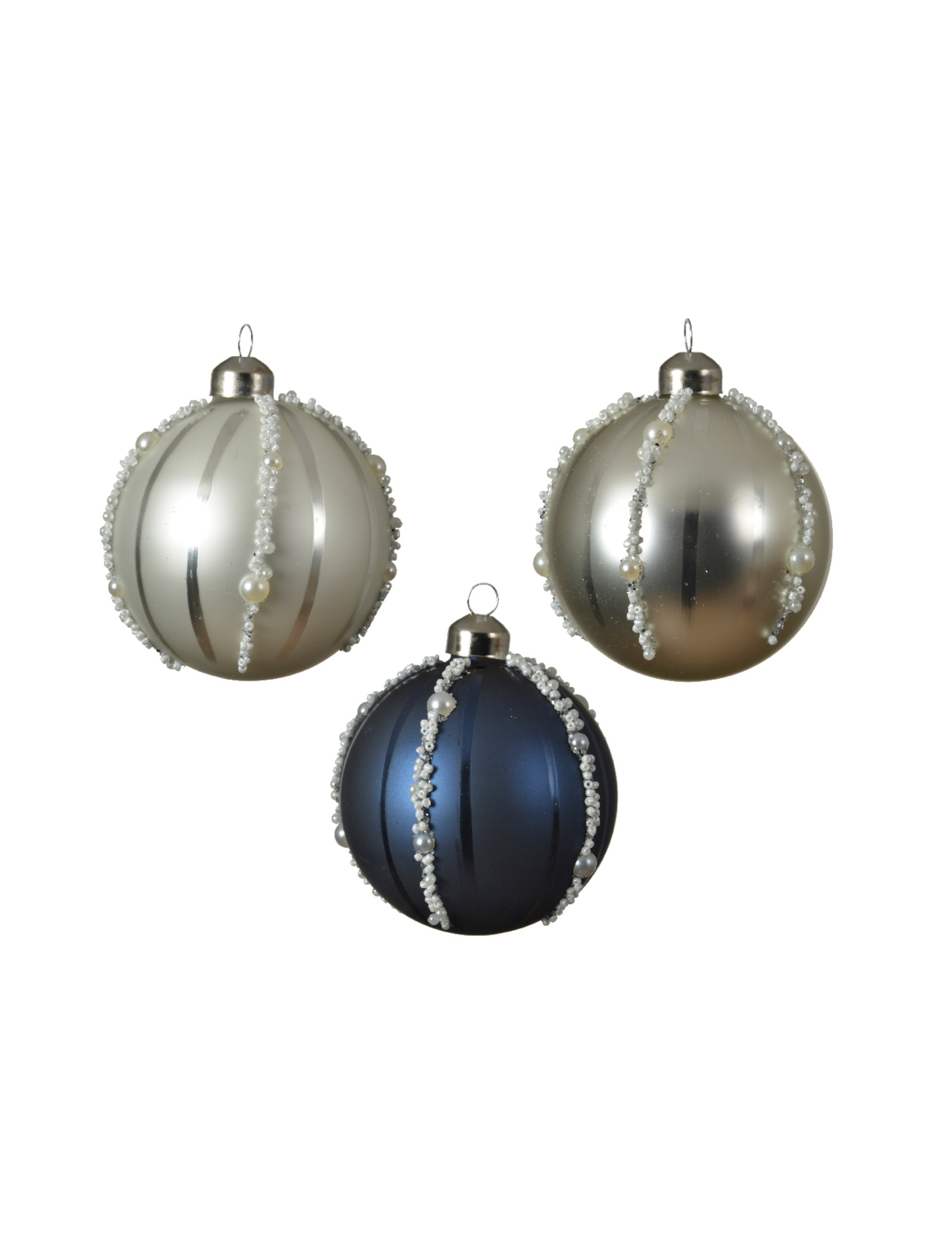 Weihnachtskugeln mit Perlendetails silber-blau 3 Stück 8 cm
