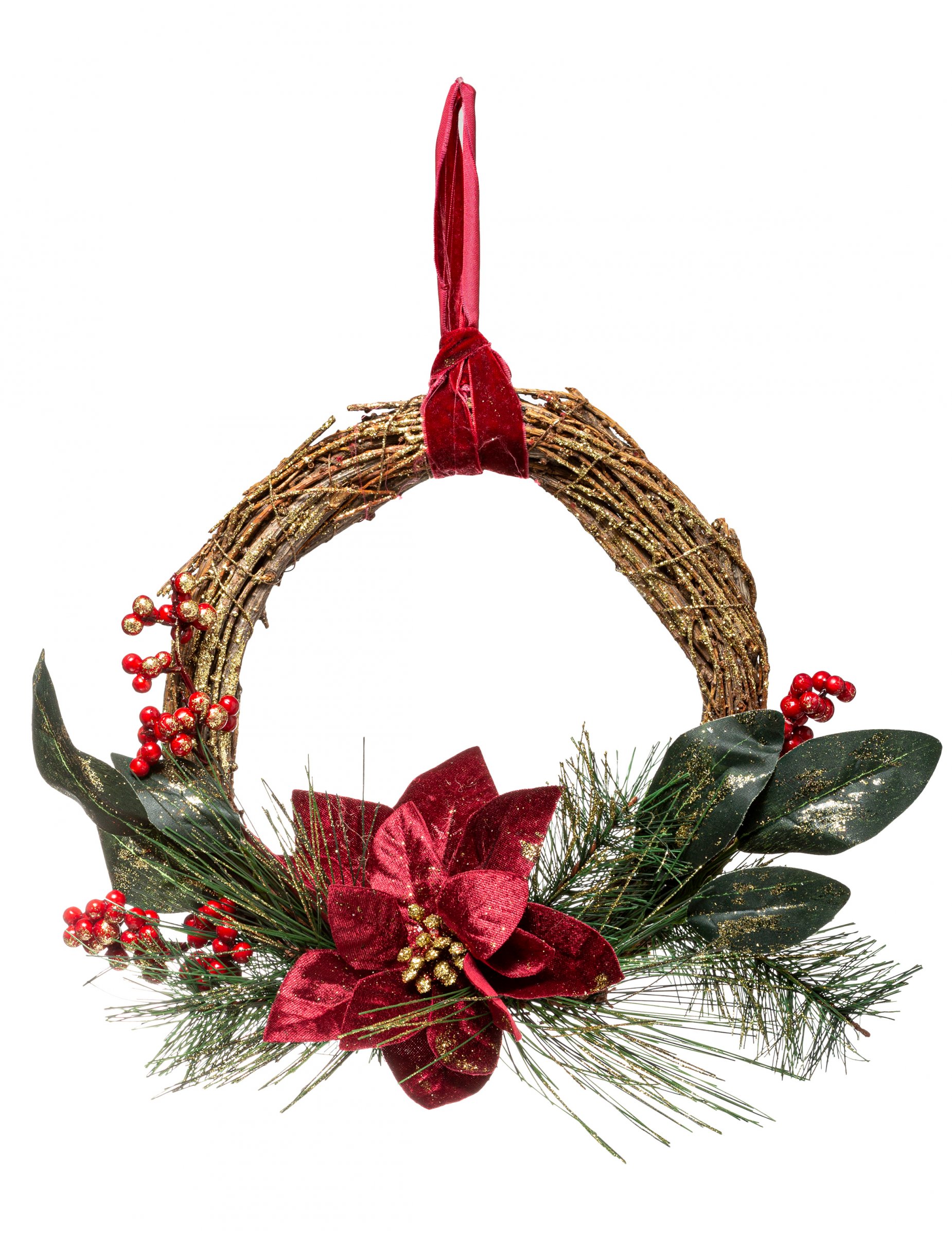Weihnachtsstern-Blumenkranz Weihnachtshängedeko grün-braun-rot 38 cm