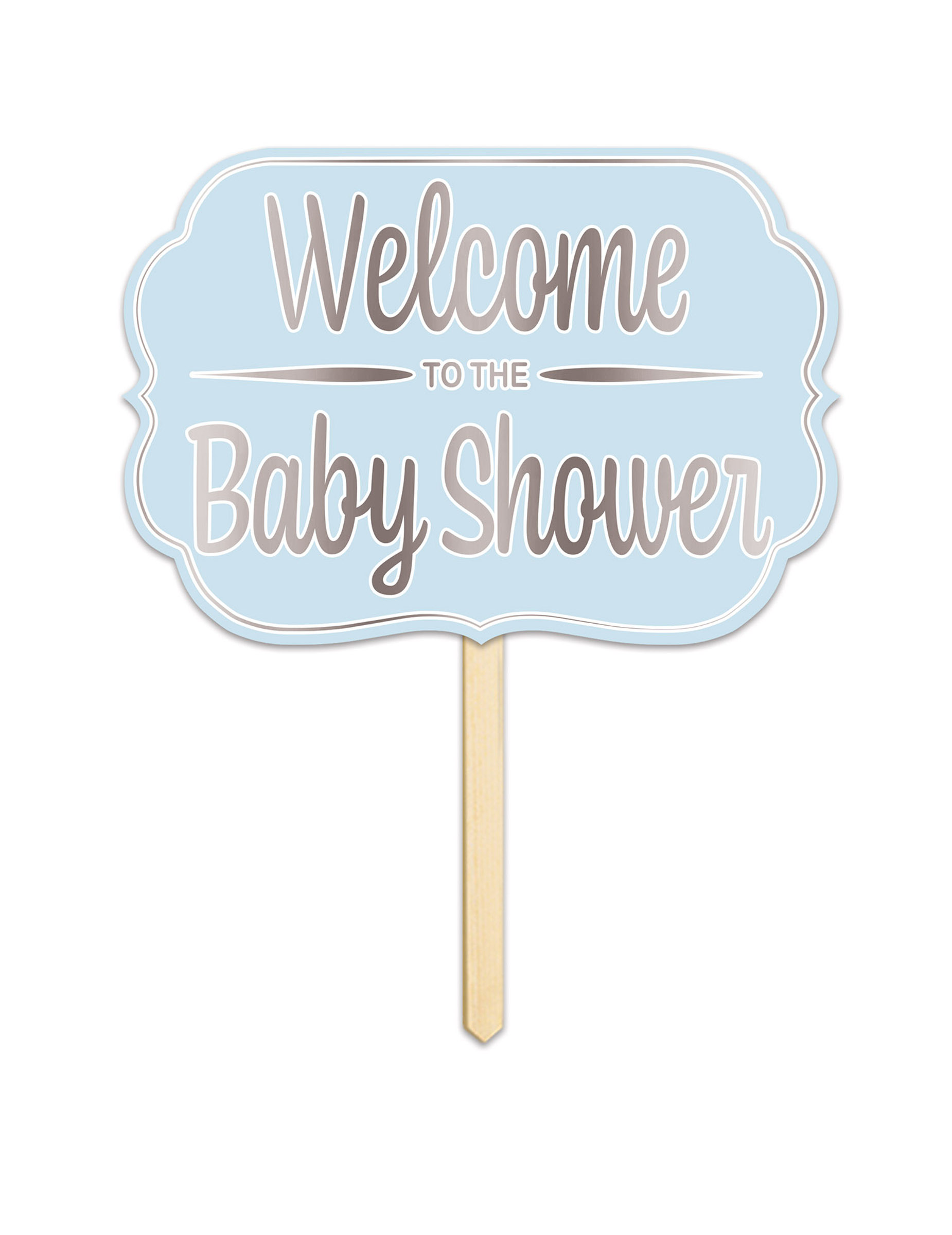 Willkommensschild Baby Shower Blau mit Holzstab aus Karton