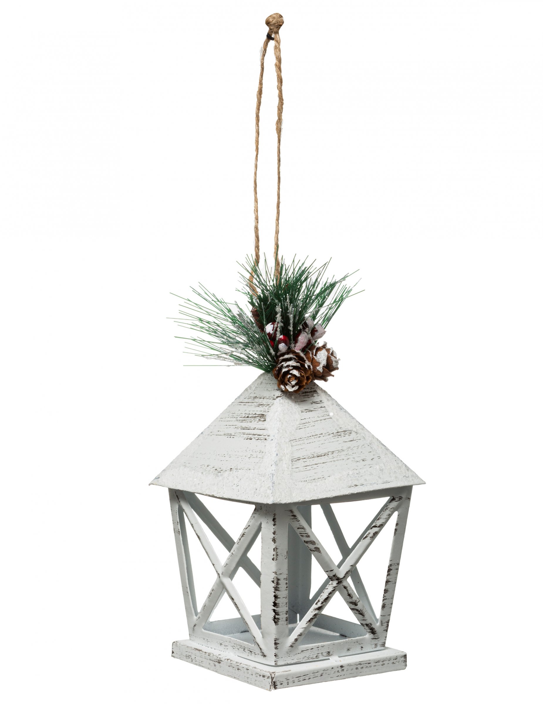 Winterlicher Laternen-Aufhänger Christbaumschmuck weiß-grün-braun 13