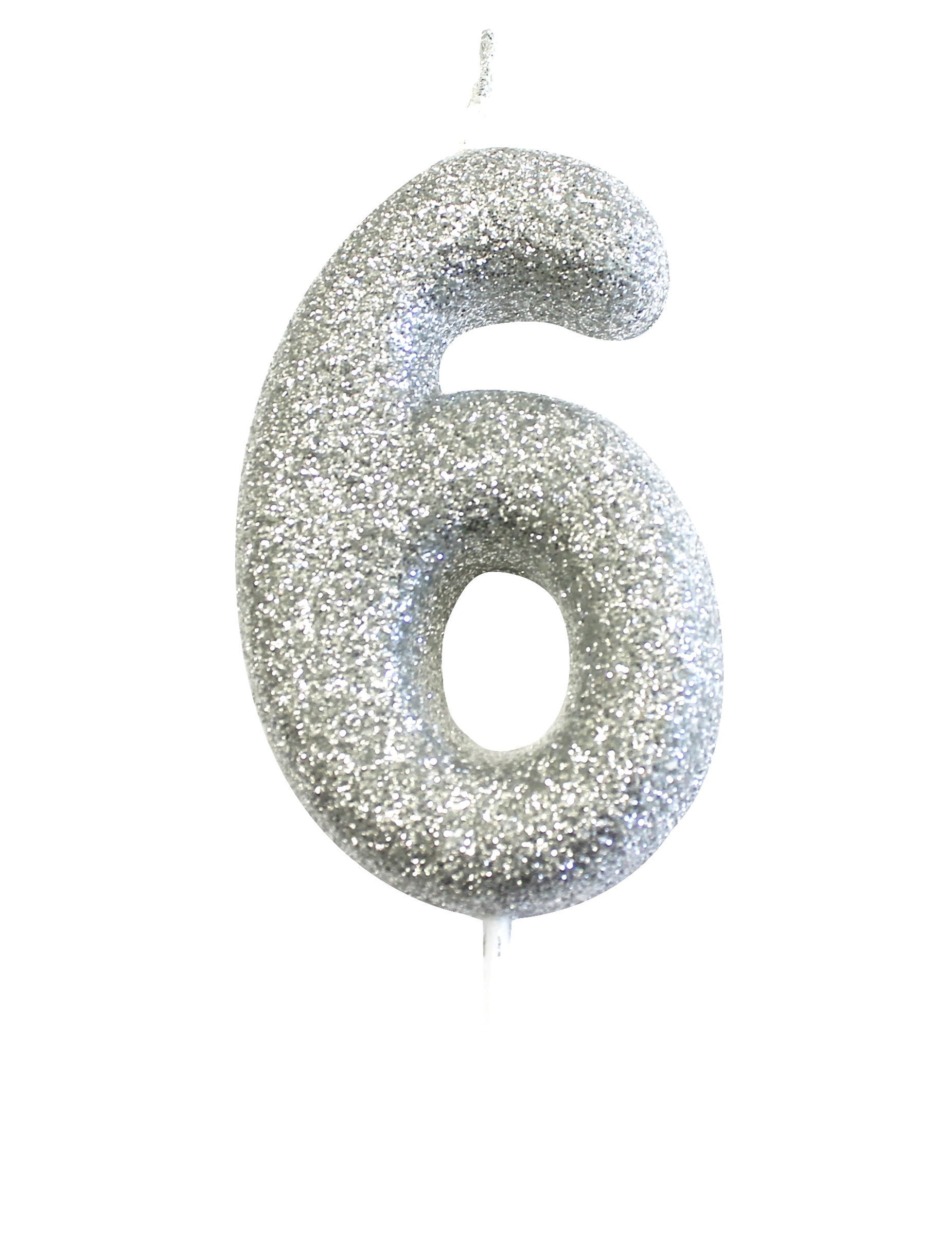 Zahl 6 Kerze auf Spieß Silber glitzernd 7 cm für Geburtstagskuchen