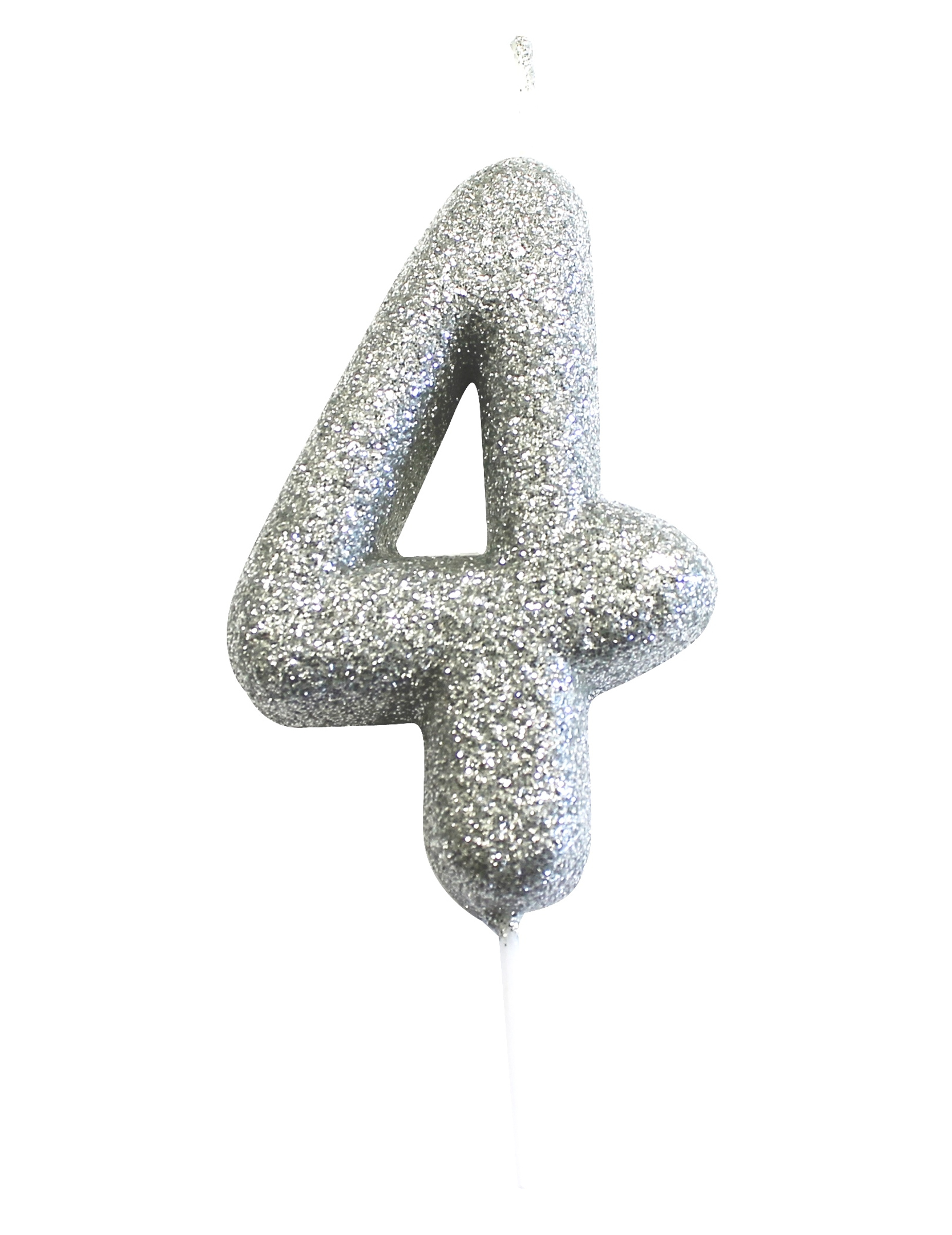 Zahlen-Kerze 4 Silber Glitzer 7cm Kuchendeko