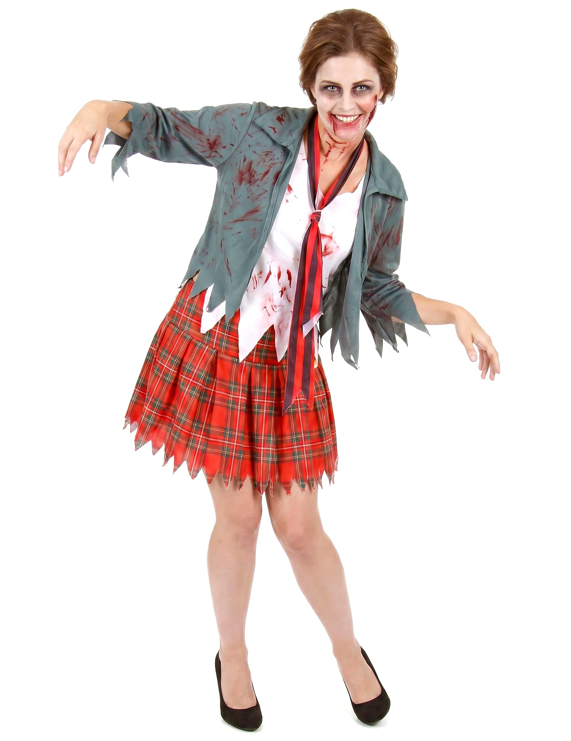 Zombie Schülerin Halloween-Damenkostüm Uniform grau-weiss-rot