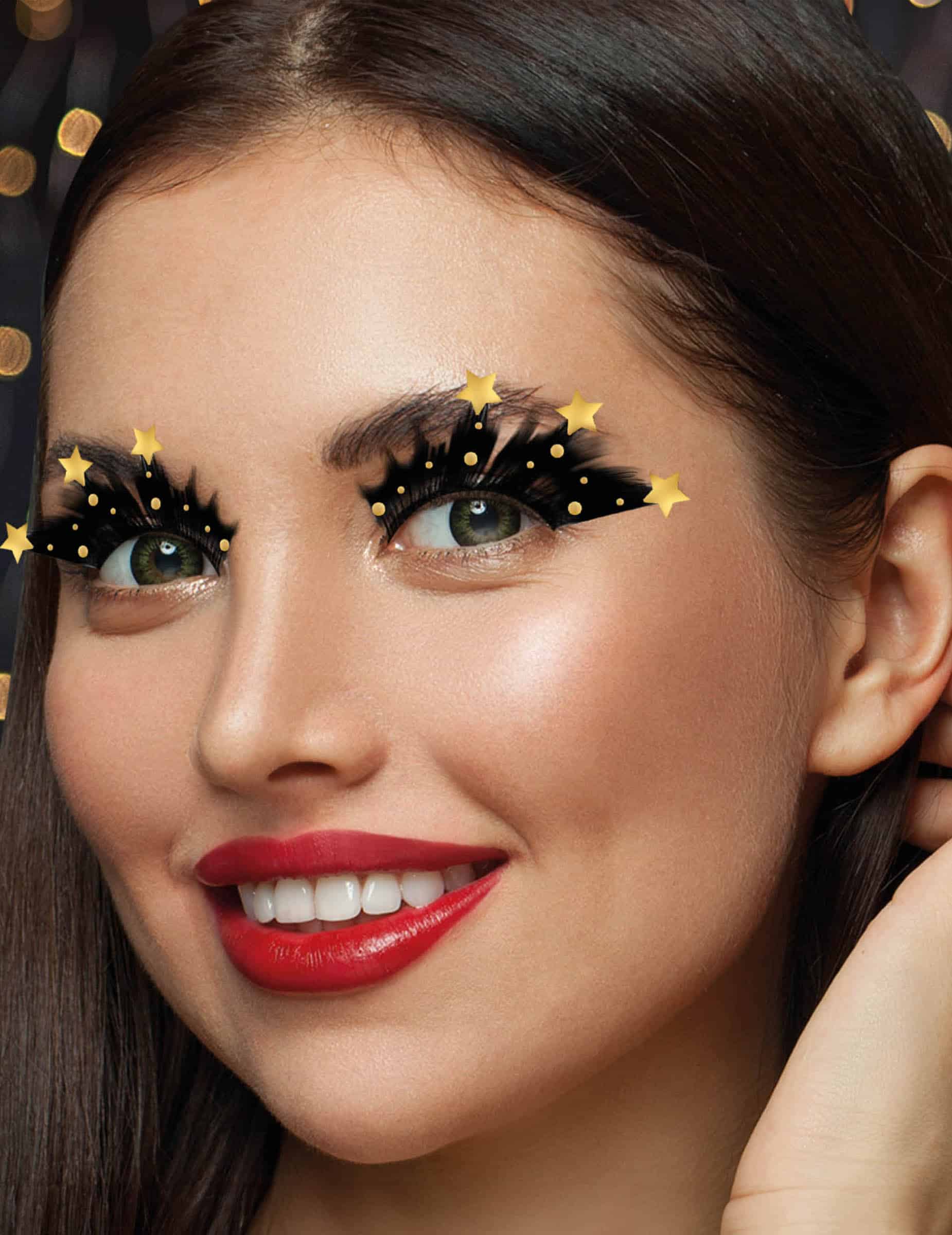 künstliche Wimpern schwarz mit goldenen Sternen